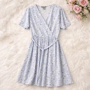 Lark + Grey Light Blue Daisy Floral Wrap Dress V-Neck Short Sleeve 2XL